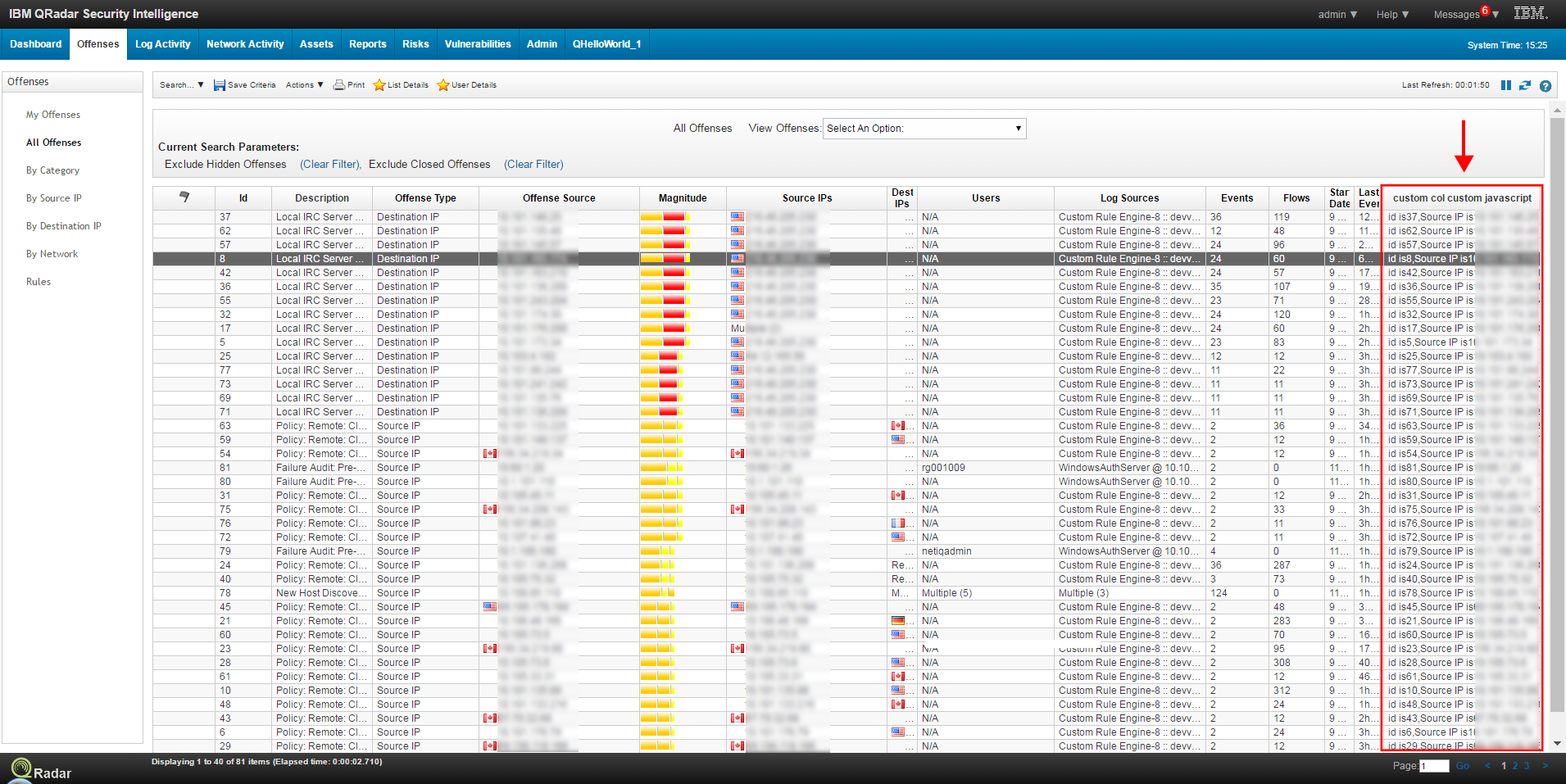 Custom column on the Offenses tab.